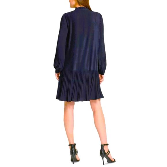 Navy Tie Neck Pleated Long Sleeve Dress 10 - Picture 2 of 13